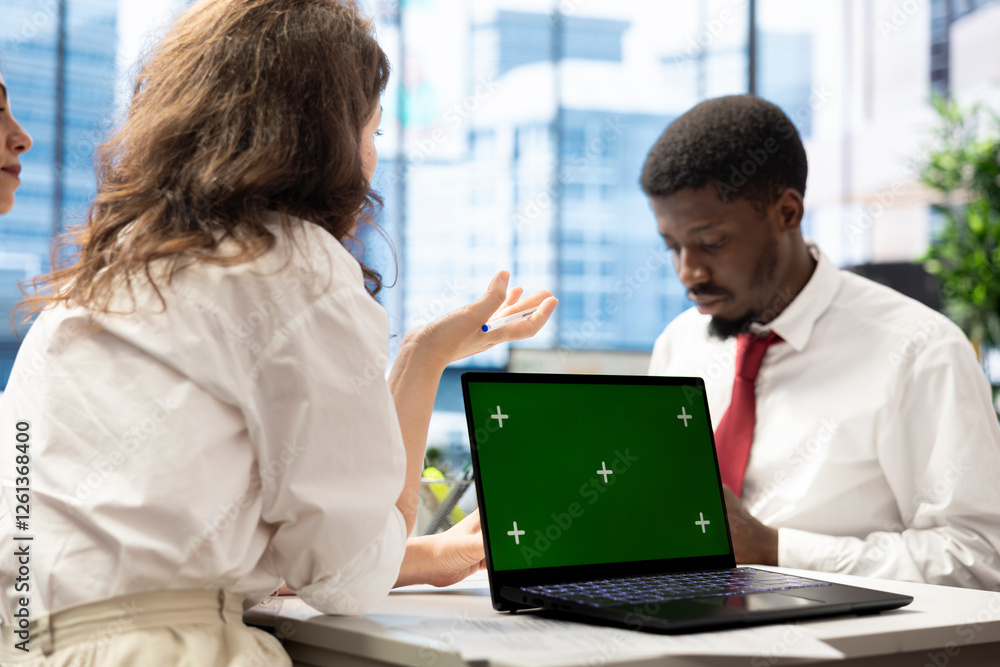 Poster job interview candidate interested in career advancement, talking with hr employee using isolated sc