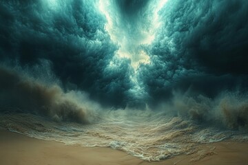 Stormy ocean waves crashing on beach