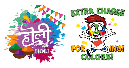 Full shot of two distinct graphic elements.

On the left, a vibrant design celebrating Holi, the Hindu spring festival of colors. The text 