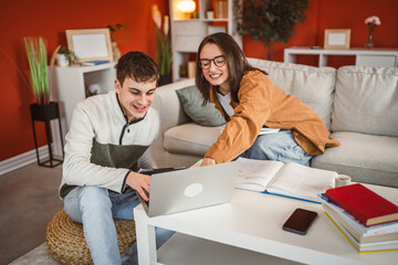 two students man and woman use laptop for prepare exam at home