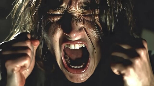 Close-up of a woman's face screaming, showing intense emotion and stress.