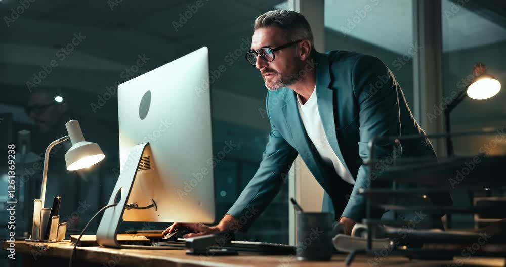 Fototapete Typing, mature man and computer with feedback for coding, programing and software engineer system update. Overtime, night and person for project management deadline, partnership and development