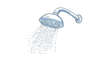 Fresh vector flat illustration of a showerhead with water flow. Ideal for bathroom designs, water usage, hygiene, and home decor projects.