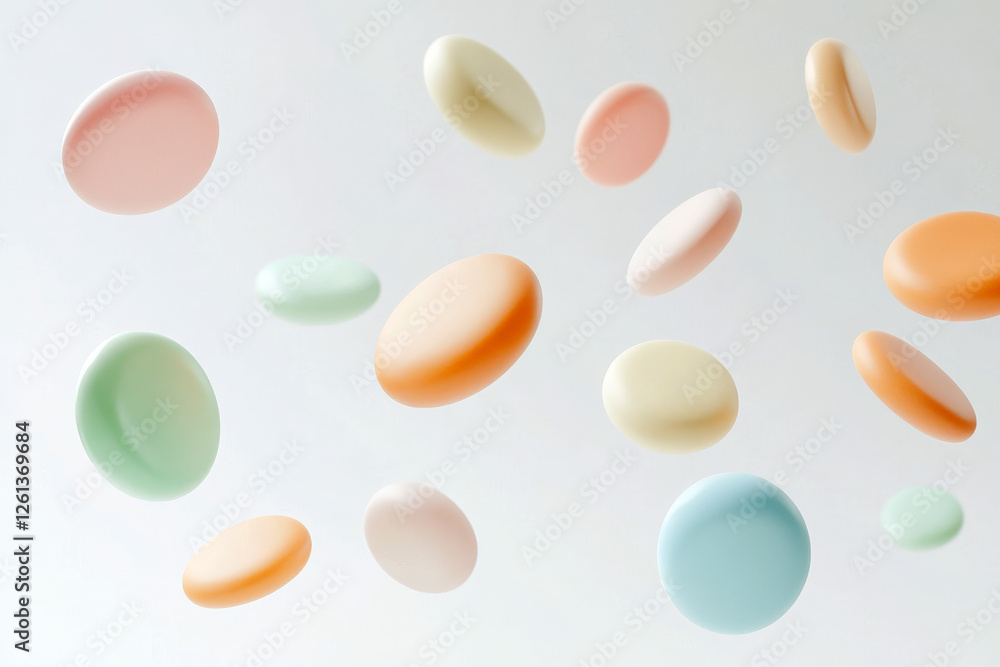 Poster colorful floating tablets create a vibrant and dynamic visual composition in a minimal setting