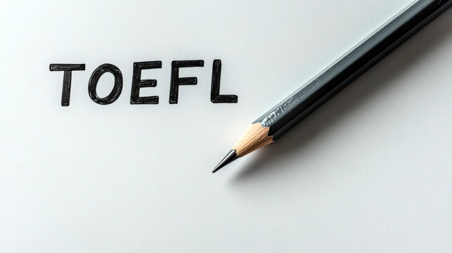 Sharpened pencil beside bold "TOEFL" on white paper