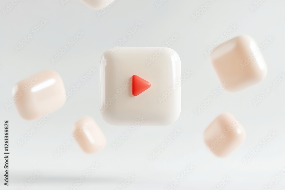 Poster rendering of multimedia elements showcasing a play button symbol in a modern and minimalistic design