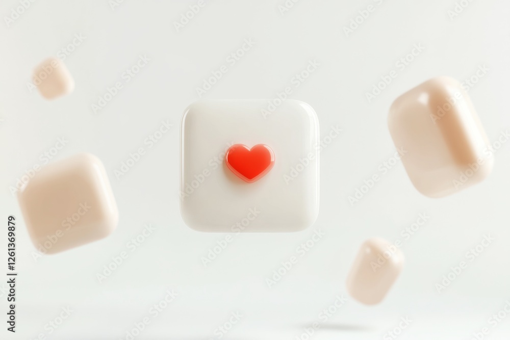 Poster 3d render of floating keyboard keys with a heart symbol in a minimalist design setting
