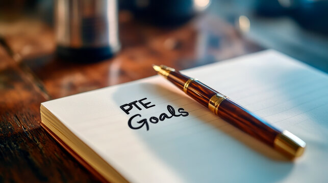 White notepad with "PTE Goals" in calligraphy and pen