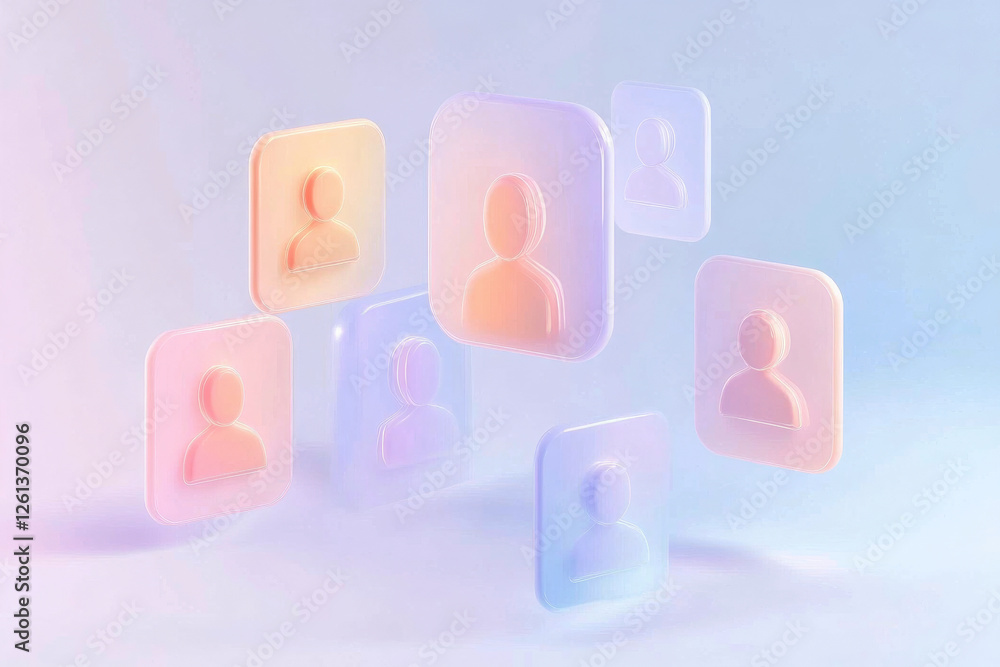 Poster render of floating avatar icons representing digital connection and communication in abstract style