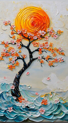 Oil painting, three-dimensional tree with orange flowers on the top of an abstract sun surrounded by clouds and waves
