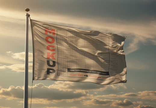 Fabric Flag Waving Hoisted on Flagpole Mockup Cloudy Afternoon Sky