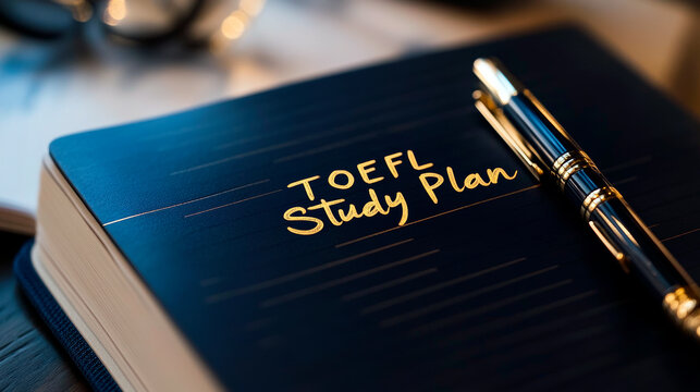 Sleek black notepad with TOEFL Study Plan in gold ink