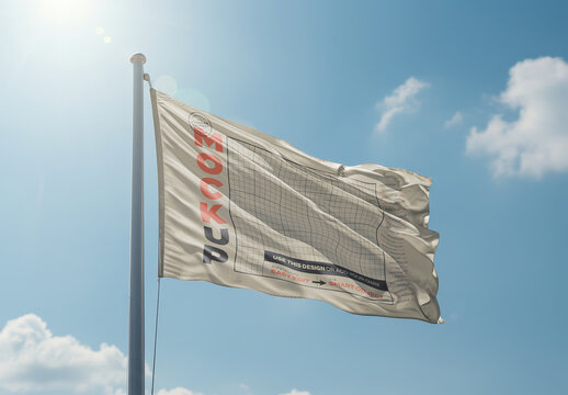 Fabric Flag Waving Hoisted on Flagpole Mockup Sunny Sky