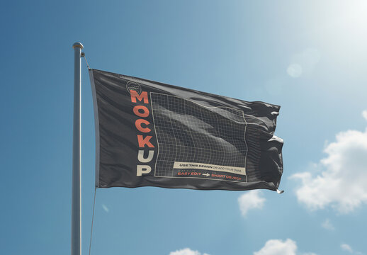 Fabric Flag Waving Hoisted on Flagpole Mockup