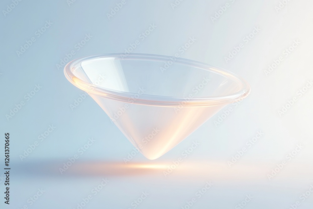 Poster render of a floating transparent cone with soft illumination on a minimalistic background