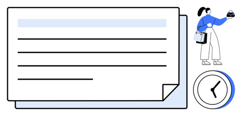 Shopping list with lined paper, a person holding various items, and a clock. Ideal for task planning, organization, time management, retail, efficiency reminders productivity. Minimalist abstract