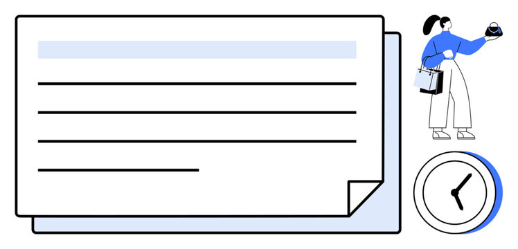 Shopping list with lined paper, a person holding various items, and a clock. Ideal for task planning, organization, time management, retail, efficiency reminders productivity. Minimalist abstract