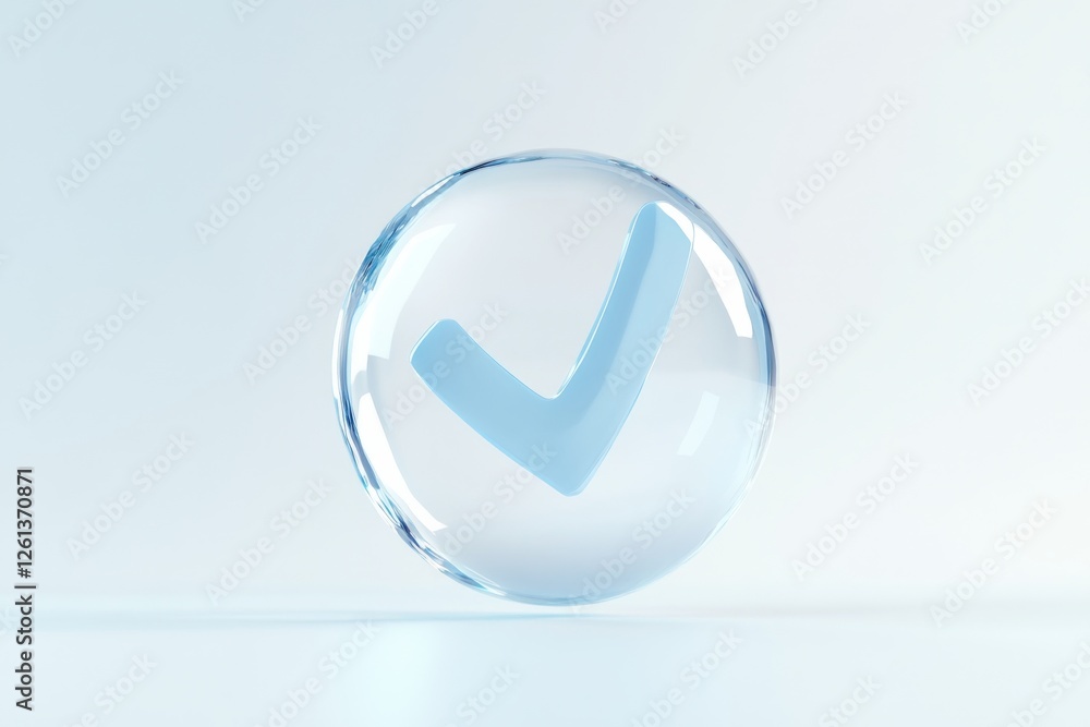 Aufkleber render of a transparent bubble with a blue check mark symbolizing approval and success in digital co