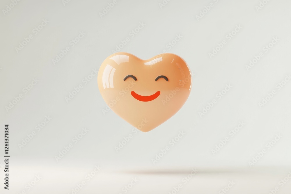 Poster cute smiling heart icon floating on a plain background in a digital rendering