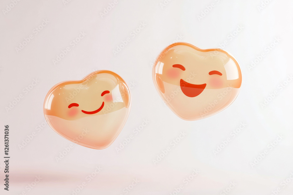 Poster render of cheerful heart-shaped characters conveying joy and positivity in a minimalistic setting