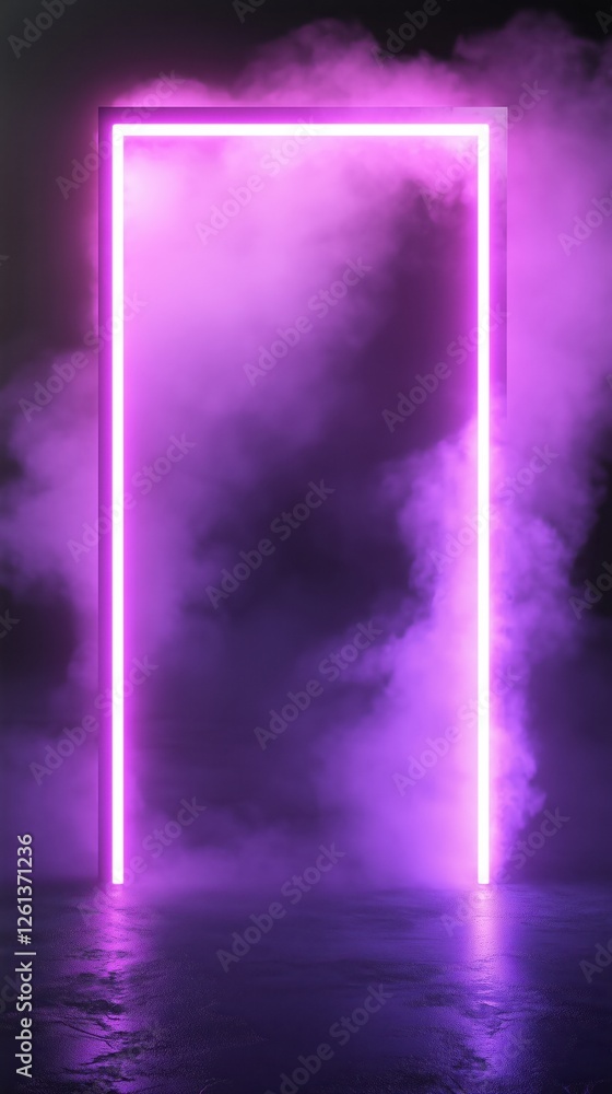 Poster glowing rectangular frame illuminating swirling smoke in a dark room, creating a mysterious and atmo