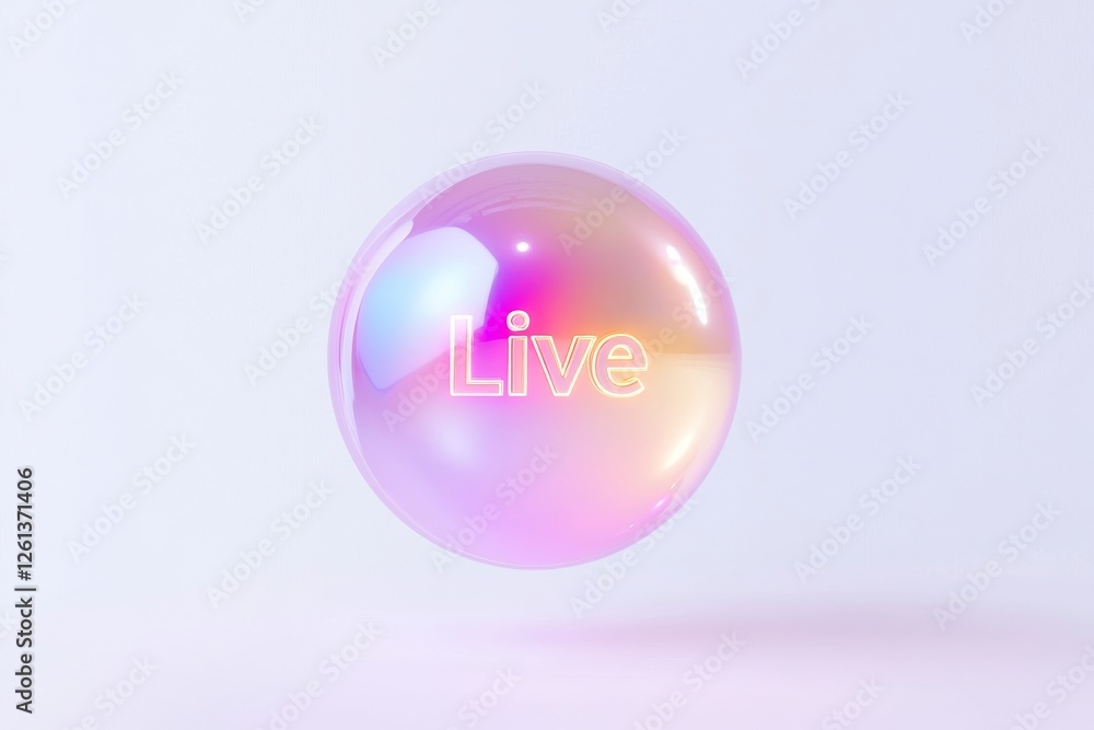 Poster colorful floating bubble displaying the word live in a creative media and communication render