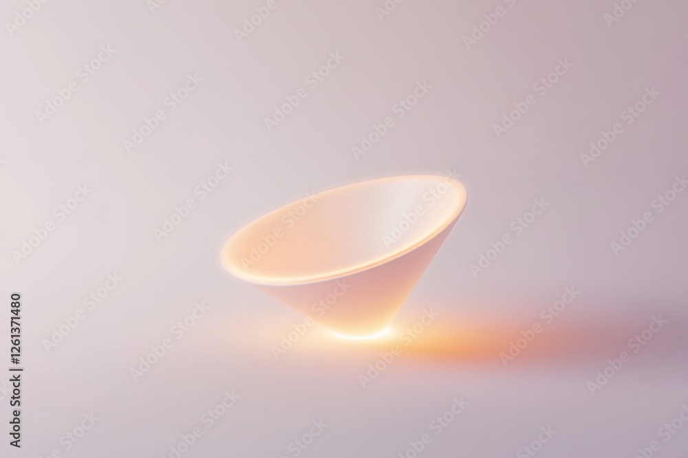 Poster floating geometric bowl render with soft lighting in empty space for media and communication design