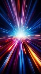 A colorful, blurry image of a bright light with a white center. Light beams speed vertical background.