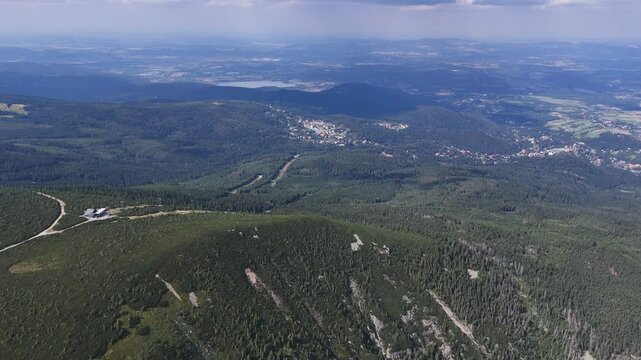Aerial footage of Karkonosze mountain range, part of the Sudetes, Poland