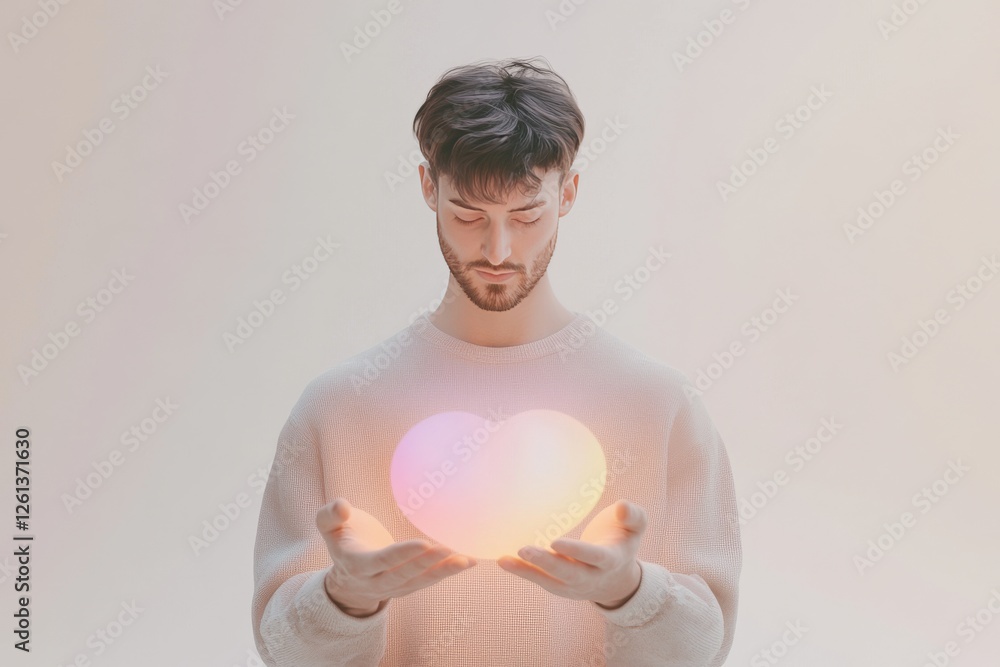 Poster man holds glowing heart-shaped object in soft lighting, symbolizing connection and emotions