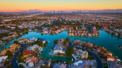 Aerial of Luxurious Lakeside Homes at Sunset in Las Vegas © Nicholas J. Klein