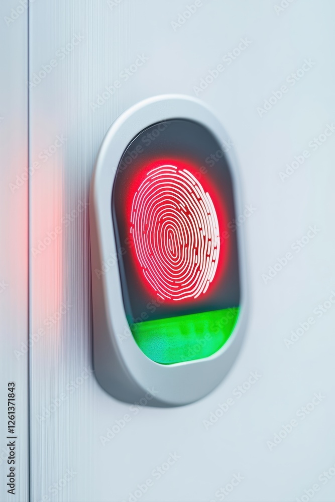 Poster fingerprint being scanned by a biometric fingerprint scanner embedded in a wall mounted device with 