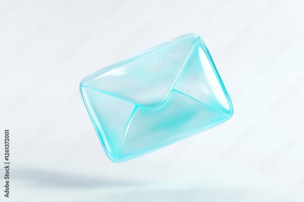Poster render of a translucent blue envelope floating above a soft background in a modern digital style
