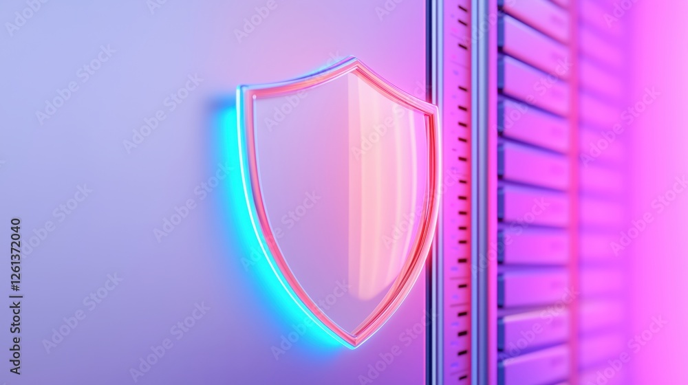 Poster server room data protected by a glowing shield hologram, ensuring cybersecurity and data integrity