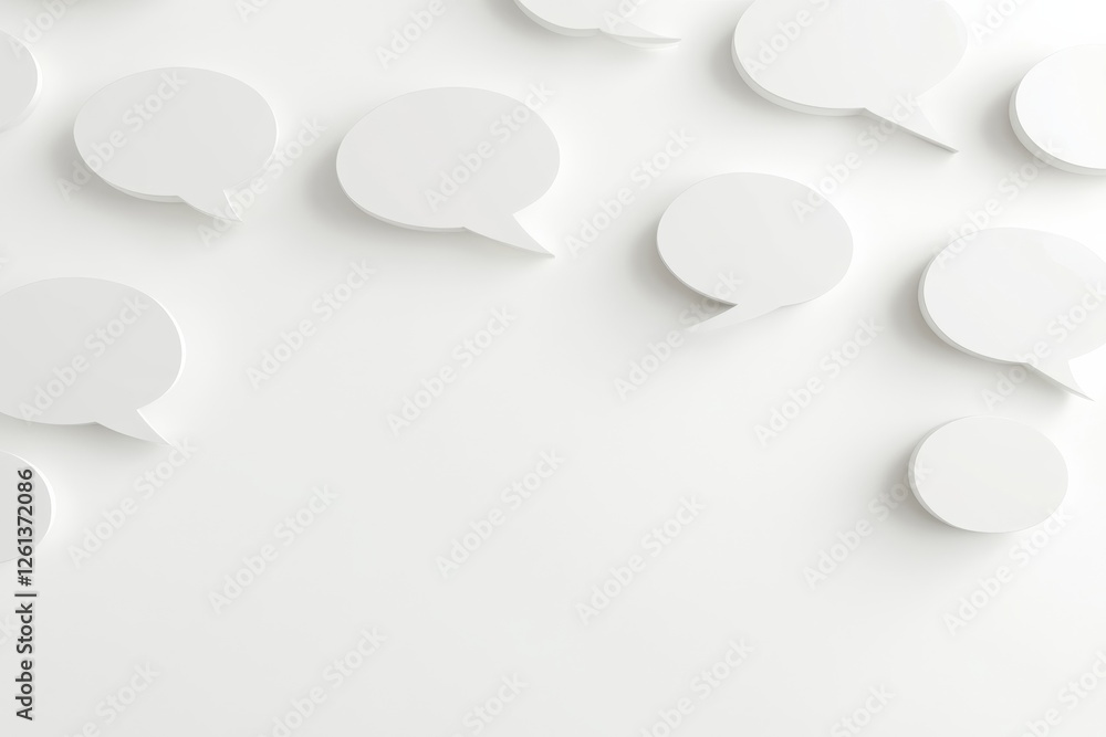 Poster render of white speech bubbles on a blank wall showcasing communication and dialogue concepts