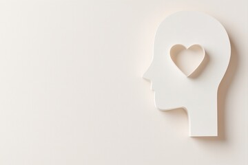 Minimalist white head silhouette with heart symbol carved inside, representing love, empathy, kindness and positive thinking