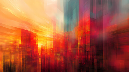 Crimson skyscraper: a fiery sunset paints a modern cityscape in vibrant hues, casting an ethereal glow upon a towering glass building. Ethereal Glass Cities. Illustration