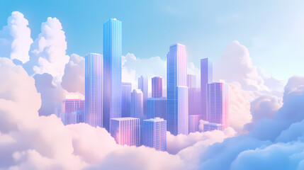 Dreamy urban scene with towering glass skyscrapers surrounded by soft clouds, blending surreal elements and city architecture. ai generative. Ethereal Glass Cities. Illustration
