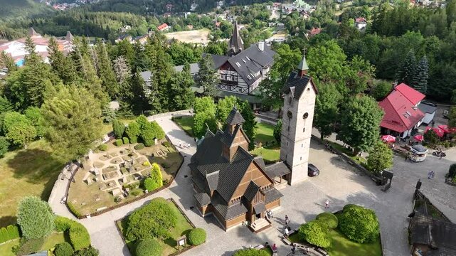 Aerial shot of Vang Stave Church (Polish: Swiatynia Wang) in Karpacz, Poland