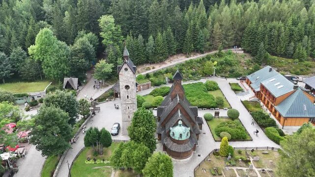 Drone view of Vang Stave Church (Polish: Swiatynia Wang) in Karpacz, Poland