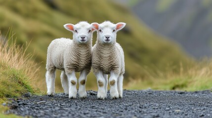 Obraz premium Iceland sheep lambs on gravel path, grassy hills in background