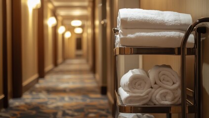 Hotel hallway, rolled towels on cart, warm interior,  background