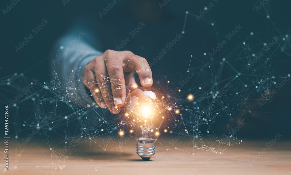 Aufkleber businessman touching at bright lightbulb on wooden table with global network icon. motivation and in