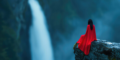 Woman in a bright colored cape sitting on the edge of a cliff against the background of nature and a waterfall. Meditation, relaxation, zen and unity with nature.