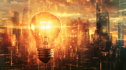 Towering light bulb as the centerpiece of a metropolis, casting an ethereal golden hue over glass buildings, creating dramatic reflections and shadows. Ethereal Glass Cities. Illustration