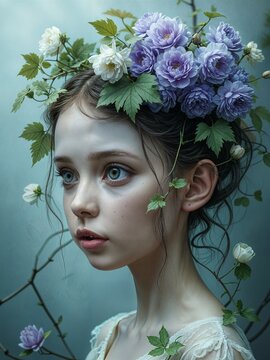 Fantasy girl with brown hair and grape leaf crown.