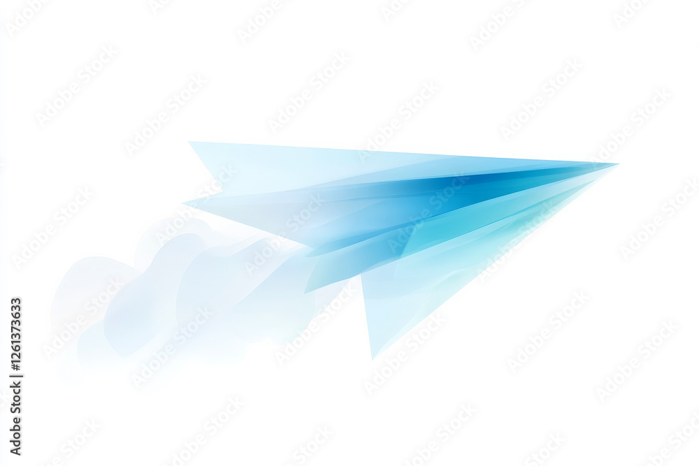 Poster dynamic flat design of a paper airplane soaring through clouds representing concepts of communicatio