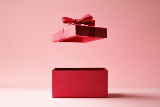 Elegant opened red gift box with a bow floating on a pink background, perfect for celebrations and special occasions
