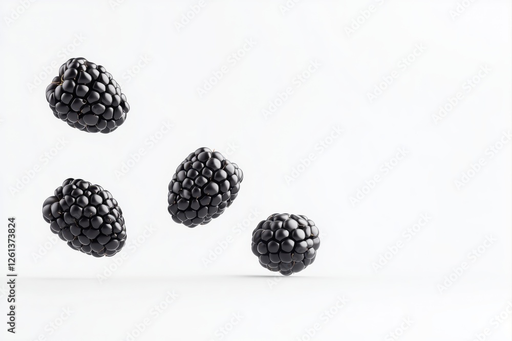 Poster four ripe blackberries falling against a white background, creating a simple yet visually appealing 