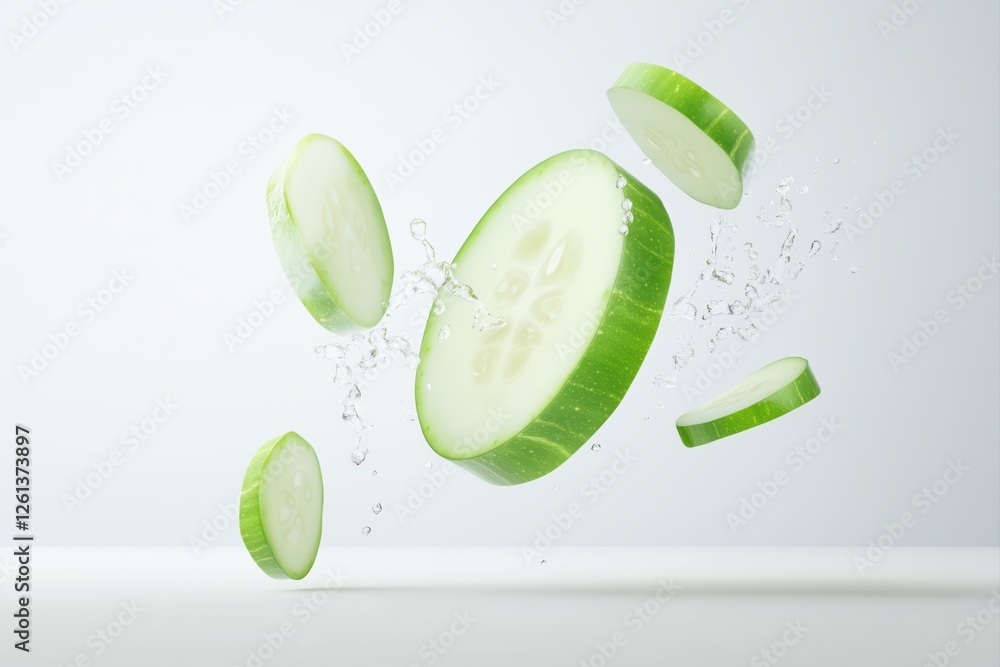 Aufkleber cucumber slices falling and splashing with water, creating a refreshing image on a white background